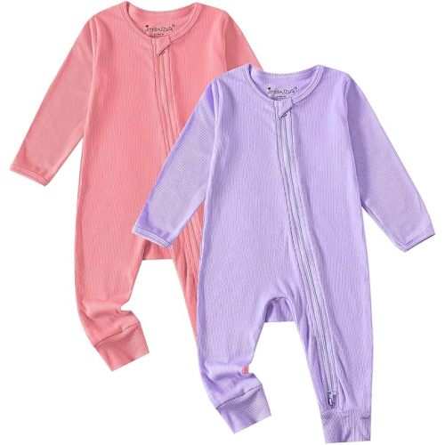 Jimonda Soft Rayon Baby Boy Girl Pajama Romper Ribbed Footless Sleeper PJS | Rayon From Bamboo,Long Sleeve,2-way Protective Zipper,Reversible Mittens in 0-3M,Easy Diaper Change,Outdoor Indoor Daily Wear