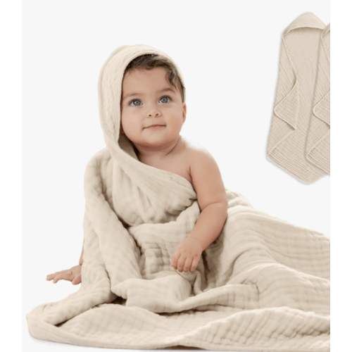 Comfy Cubs Hooded Baby Towel, Large 32 x 32 Inch - 6 Layer 100% Muslin Cotton - Soft & Absorbent Baby Bath Towels
