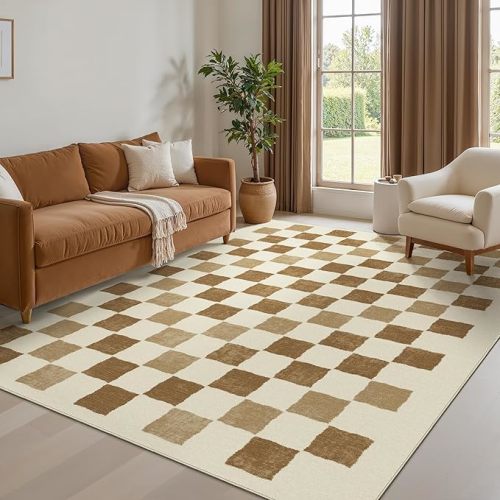 Bavni 8x10 Area Rugs,Checkered Machine Washable Rug for Living Room,Modern Abstract Indoor Soft Area Rug for Bedroom Dining Room,Thin Low Pile Carpet with Non Slip Rubber Backing,Beige Checkerboard
