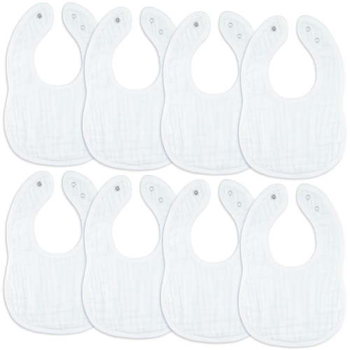 Comfy Cubs Muslin Cotton Baby Bibs, 8 Pack, Adjustable with Easy Snaps, Soft & Absorbent, White