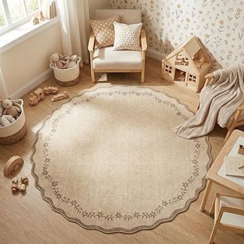 GarveeHome Round Rugs 4ft Scalloped Washable Small Circle Rug for Kids Room