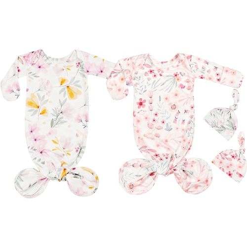 Newborn Baby Boy Long Sleeve Sleeper Gown with Mittens Knotted Gown Coming Home Outfit Nightgown Hat Set 2 Pieces