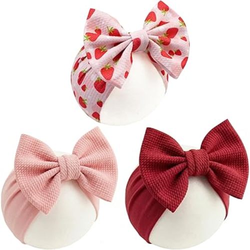 Qchengsan 3 Pack Baby Girl Headbands with Bows, Soft Stretchy Nylon Hair Accessories for Newborn Infant Toddler, Cute Strawberry Shortcake Baby Stuff, Red Pink Ribbon for Photos, Shower Gifts