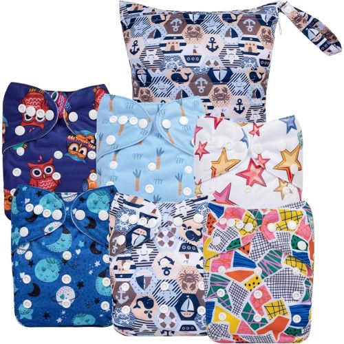 ALVA 6 Pack Cloth Diaper with 12 Inserts One Size Adjustable Washable Reusable Diaper Cover for Baby Girls and Boys