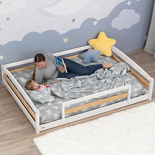 Ocodile Full Size Montessori Floor Bed for Kids - Strong Slatted Bed Frame with Full Rails - Ideal for Little Girls and Boys (White)