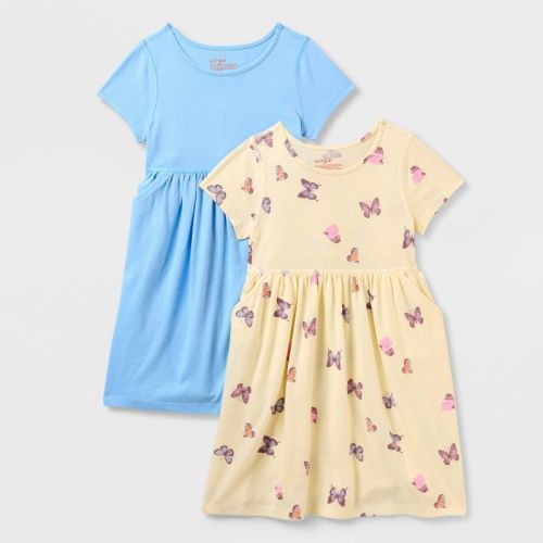 Toddler Girls' 2pk Adaptive Short Sleeve Rib-Knit A-Line Dress - Cat & Jack™ Blue/Yellow 3T