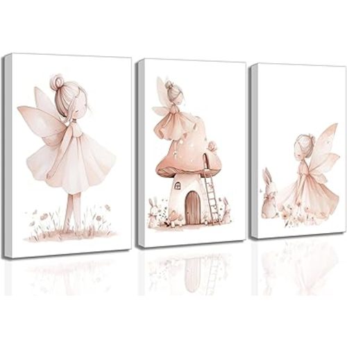 UNDDISINS 3 Pcs Pink Fairy Nursery Canvas Wall Art Girs Room Pink Nursery Painting Picture Wall Decor Cute Fairy Posters Art Fairies Paintings Artwork for Kids Room Toddler GirlRoom Home Decoration