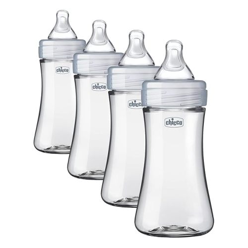 Chicco Duo 9oz. Hybrid Baby Bottle with Invinci-Glass Inside and Plastic Outside | Dishwasher, Bottle Warmer, and Electric Sterilizer Safe | Intui-Latch Nipple | Clear/Grey (Pack of 4)
