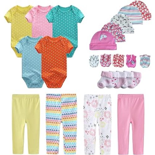 MAMIMAKA Newborn Layette Gift Set Bodysuits Pants for Baby Girl and Boy 24 Piece 100% Cotton Essentials and Accessories