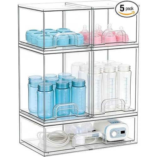 Baby Bottle Organizer, Large Capacity Stackable Acrylic Storage with Non-Slip Pads, for Baby Bottles, Pump Parts, Kitchen Countertop, Pantry, Vanity, 5-Piece