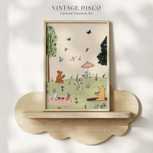 Storybook Woodland Animal Picnic Nursery Print - Whimsical Baby Room, Cottagecore Kids Artwork Printable