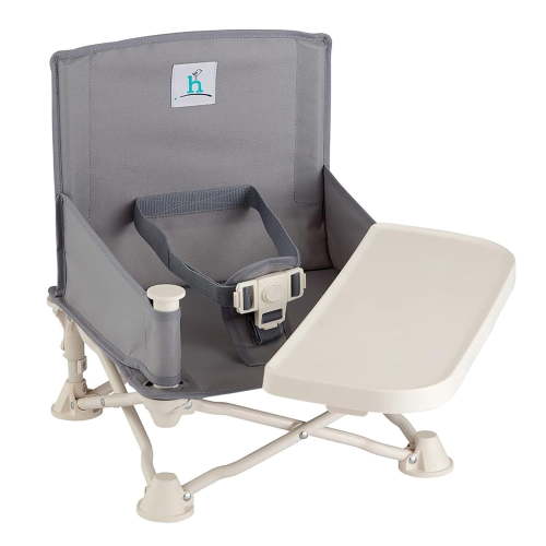 Hiccapop OmniBoost Travel Booster Chair with Tray, Folding Portable Booster Seat for Dining Table, Camping, Beach, Grandma’s, Tip-Free Design, Gray