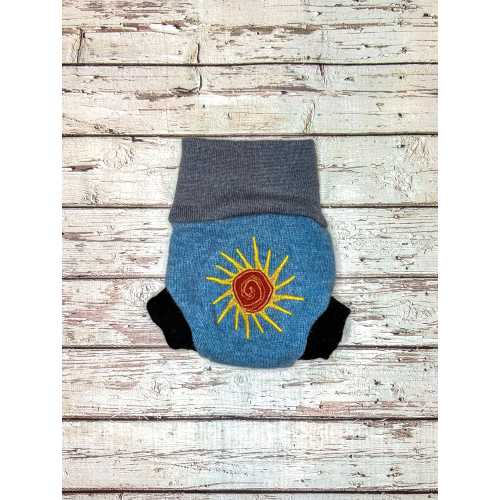 Cloth diaper cover, upcycled wool soaker, cloth nappy cover, with added doubler - light blue with a sun - size newborn 0-3M