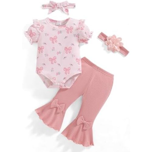 Vibebox Baby Girl Clothes Newborn Preemie Summer Outfits Short Sleeve Ruffle Romper Tops Bell Bottoms Pant Sets with Headband