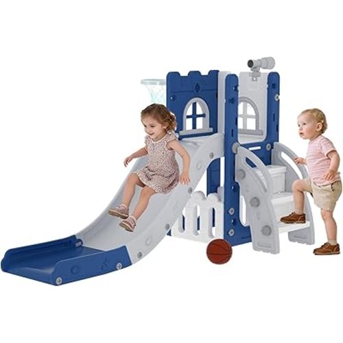 6 in 1 Toddler Slide,Kids Playset for Toddlers Indoor Outdoor, Baby Slide with Basketball Hoop, Telescope & Storage Space,Non-Slip Steps for Great Gift