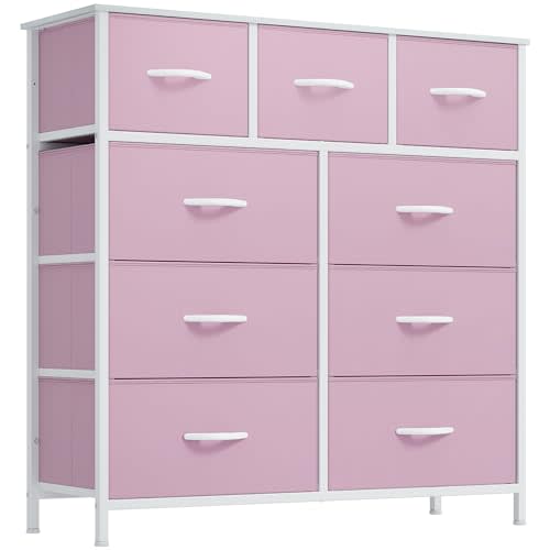 DWVO Dresser with 9 Drawers, Fabric Storage Dresser, Closet Chest of Drawers for Living Room, Closets - Sturdy Steel Frame, Wooden Top & Easy Pull Fabric Bins (Pink)