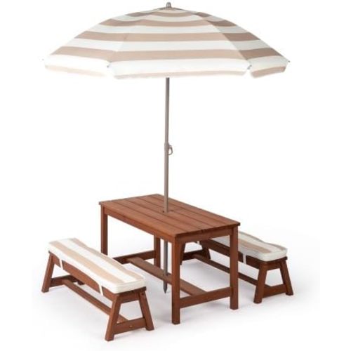 JOYMOR Kids Picnic Table Outdoor Wooden Table & Bench with Adjustable Umbrella, Set w/Removable Cushions for Backyard, Patio, Garden(Walnut)