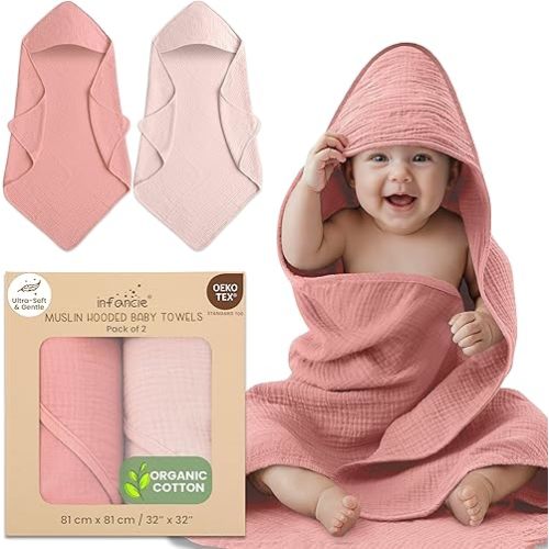 Organic Cotton Muslin Baby Hooded Towels - 32x32 Inch, 2 Pack Newborn Bath Towels for Boys & Girls, Soft & Absorbent Bath Set (Rose/Peach)