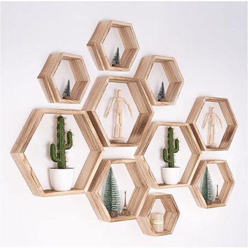 WONFUlity Hexagon Floating Shelves - Honeycomb Wall Mounted Wood Farmhouse Storage for Bathroom, Kitchen, Bedroom, Living Room - Driftwood Finish Decor, Light Brown