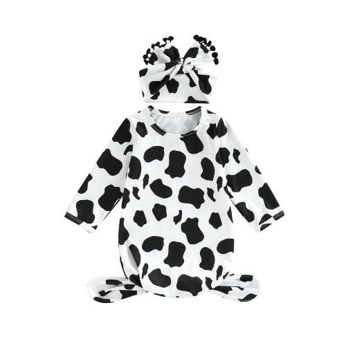 Bebiullo Newborn Unisex Baby Gown Sleeping Bag Rainbow Print Cotton Knotted Sleepwear Long Sleeve Nightgown Outfits Hat Set Cow Pattern 0-3 Months