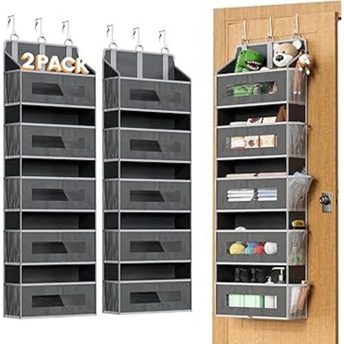 2 Packs 5-Tier Over the Door Organizer with 10 Side Mesh Pockets, 48 lbs Load Capacity, 3 Hooks Design, Hanging Storage Organizer with Clear Windows for Bathroom, Bedroom, Nursery, Kitchen-Grey