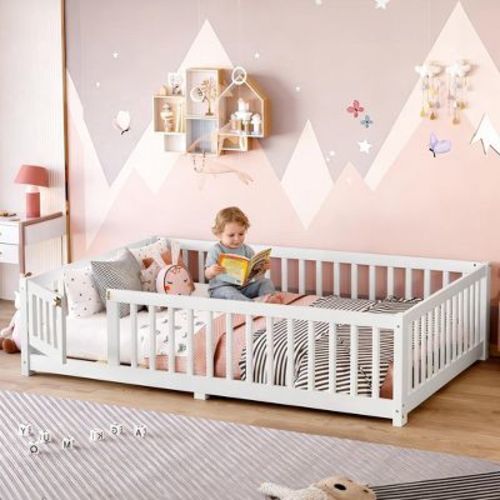 Bellemave Full Floor Bed for Kids with Guardrails and Door, Low Montessori Bed Frame, Removable Slats, Solid Pine Wood, White