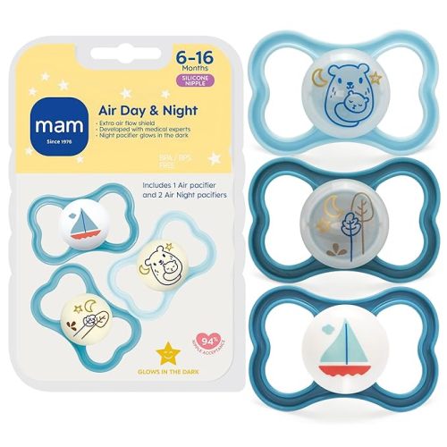 MAM Air Pacifier for Babies 6-16 Months, Extra Air Flow for Sensitive Skin, Glows in The Dark, Developed with Medical Experts, BPA-Free Skin Soft Silicone, 3 Count, Made in Europe