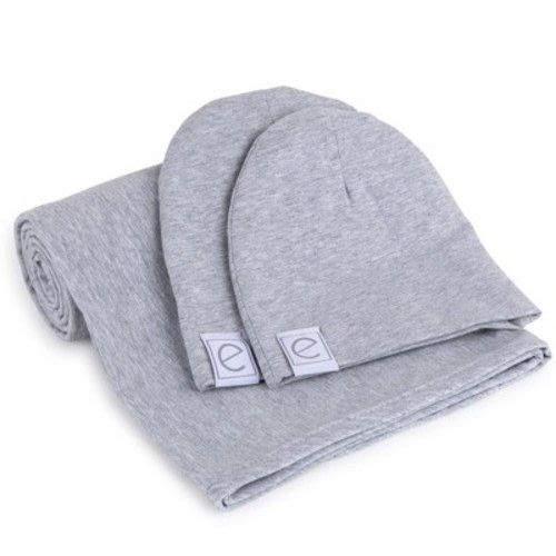 Ely's & Co. Jersey Cotton Spandex Swaddle Blankets 40"x40" with Beanie Gift Set- Heather Grey