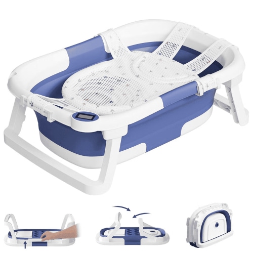 Tumajup Foldable Baby Bathtub PP+TPE with Soft Bath Net&Thermometer for 0-36 Months Toddler Blue