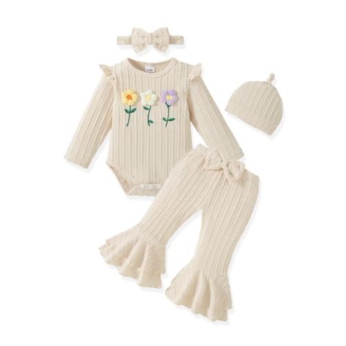 Vibebox Baby Girl Clothes Fall Winter Coming Home Outfits Preemie-12 Months | Newborn Girls Long Sleeve Ruffle Romper Bell Bottom Pants, Infant Clothing Sets Headband Hat, Snap Closures for Easy Changes