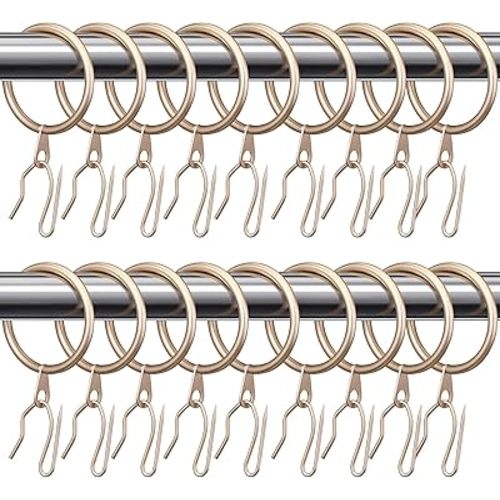 Hotop 30 Pcs Metal Drapery Curtain Rings 0.98/1.26/1.65 inch Interior Diameter and 30 Pcs Hanging Curtain Drapery Pin Hooks for Window Door Shower(42mm,Champagne Gold)