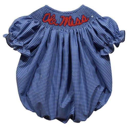 Ole Miss Rebels Smocked Navy Gingham Short Sleeve Girls Bubble 12 M