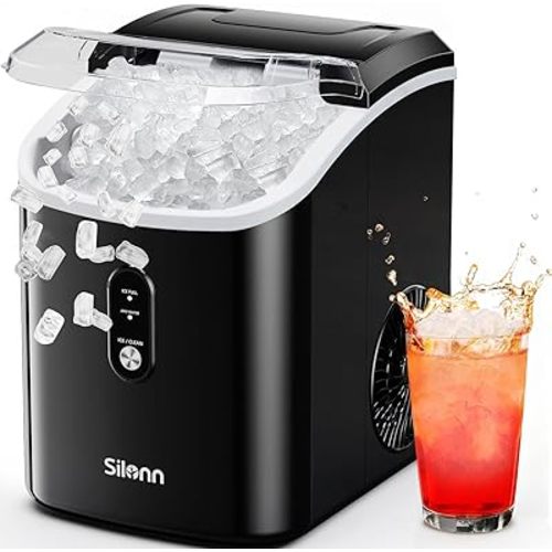 Silonn Nugget Ice Makers Countertop, Chewable Pellet Ice Machine with Self Cleaning Function, Portable Pebble Ice Maker with Ice Scoop for Home Kitchen Office, Black