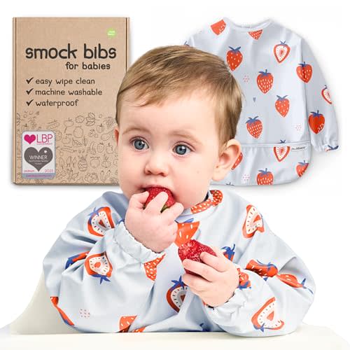 Waterproof Smock Baby Bibs for Eating (Boy or Girl 6-24 Months) - Toddler Long Sleeve Bib for Baby Led Weaning