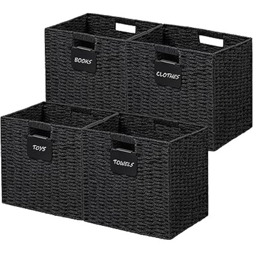 UBBCARE 4 Pack Wicker Basket, 13×13 Storage Cubes with Label, Foldable Cube Storage Bin with Handle, Square Storage Basket for Shelves, Woven Paper Rope Basket for Organizing, Black