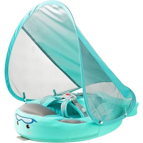 Mambobaby Float with Canopy Baby Float Non-Inflatable Baby Pool Float with Add Tail Skin-Friendly Fabric Avoid Flip Over Infant Swim Float for Boys Girls 3-24 Months, Green