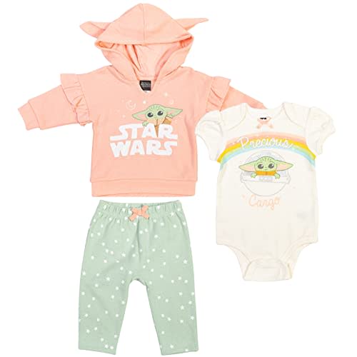 STAR WARS The Mandalorian The Child Baby Girls 3 Piece Outfit Set: Pullover Hoodie Cuddly Bodysuit Pants