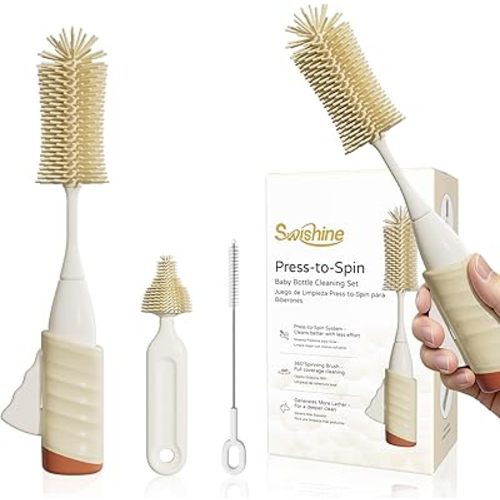 Bottle Brush Set, Innovative Efficient Press-to-Spin Brush Cleaner - Includes Silicone Baby Bottle Brush, Nipple Brush, Straw Cleaner - Spinning Generates Rich Foam for Deep Cleaning, Red