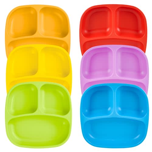 Re-Play Toddler Plates with Dividers - Deep-Walled 3 Compartments Divided Plates for Kids - Dishwasher & Microwave Safe - Made in USA - Set of 6-7.37" x 7.37" x 1.25" - Crayon Box