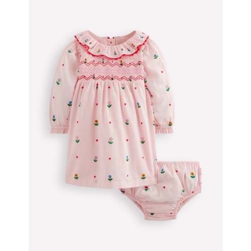 Embroidered Smocked Dress-Pink Multi Floral Heart Flower
