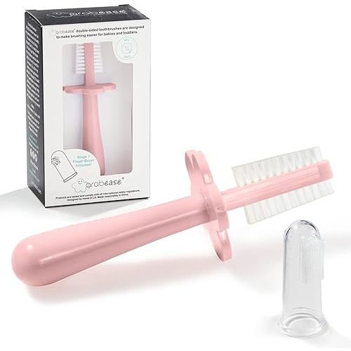 grabease Double-Sided Finger Toothbrush - Promotes Independent Brushing & Toddler Toothbrush - Recyclable Silicone Baby Brush - Finger Brush for Gum Massage - 12 Months & Up, Blush, Pack of 1