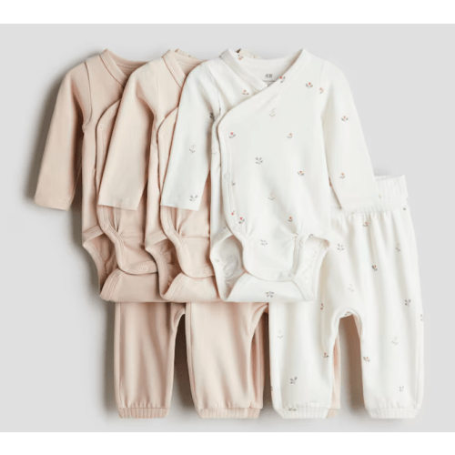 6-piece Bodysuit and Pants Set (Light dusty pink/floral, NB)