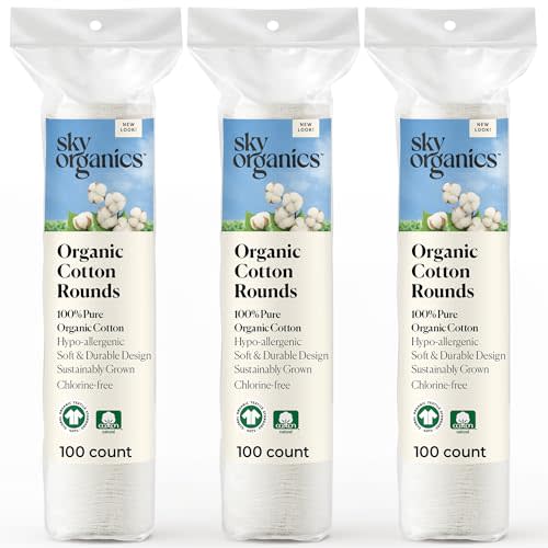 Sky Organics Organic Cotton Rounds 300ct, Chlorine-Free, for Sensitive Skin | Hypoallergenic Organic Cotton For Skincare, Self-Care And Everyday Use. Gentle, Absorbant, Sustainable, Vegan & Cruelty-Free.
