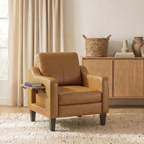 Faux Leather Accent Chair with Foldable Side Table, Armchair for Living Room & Bedroom, Brown