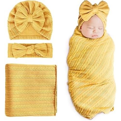 DRESHOW BQUBO Newborn Receiving Blanket Toddler Warm for Girls with Bow Hat and Bow Headband Shower Gift