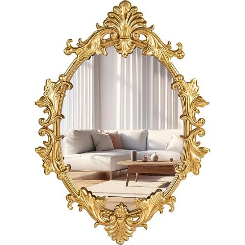 Gold Oval Wall Mirror, 19"x27" Vintage Decorative Baroque Hanging Mirrors for Bedroom, Living Room Dresser Decor, Entryway
