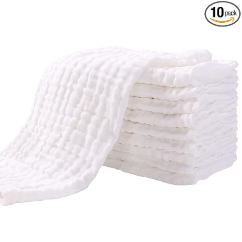 Yoofoss Muslin Burp Cloths for Baby 10 Pack 100% Organic Cotton Baby Washcloths for Boys Girls Large 20''X10'' Super Soft and Absorbent White