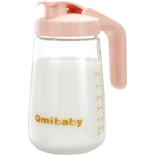 34oz Breast Milk Pitcher, Breast Milk Storage Containers for Fridge, Breastfeeding Essentials with Sealing Ring, No Leak Glass Pitcher with Handle and Lid for Ice Tea Juice (Pink)