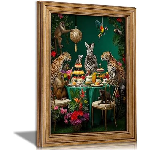 Vintage Gold Framed Jungle Animal Wall Art Colorful Safari Dinner Tea Party Picture Wall Decor Zebra Cheetah Monkey Poster Tropical Plants Painting Canvas Print Artwork for Kitchen Dining Room