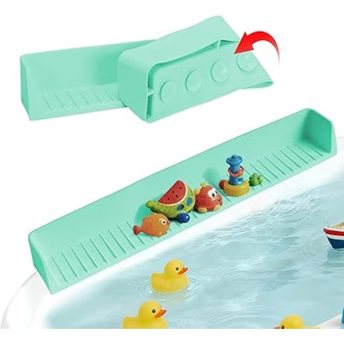 Bathtub Splash Guard for Tub Kids- 31" Extra Long Silicone Bath Play Shelf, Toy Tray & Caddy Holder, Prevent Water Spills & Messy Floors, Tub Edge Guard for Bathroom- Light Green